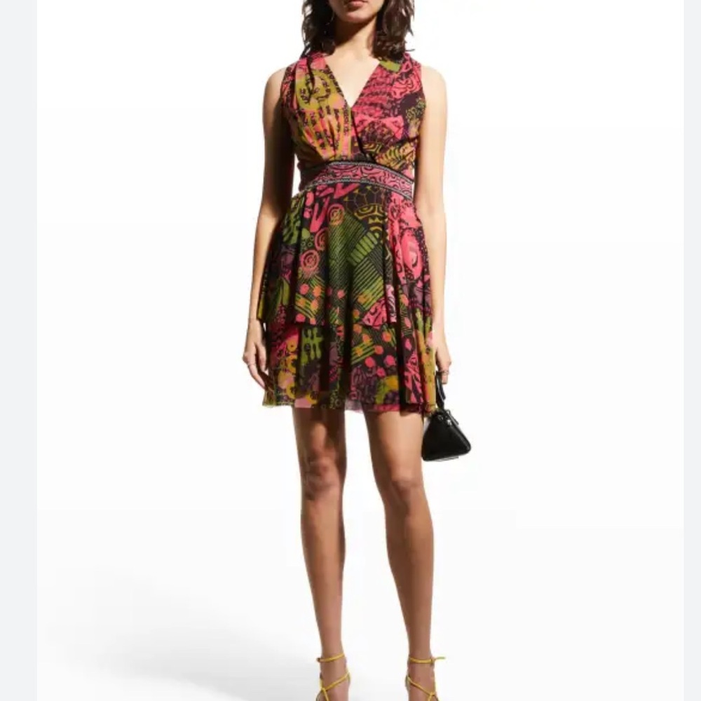 Fuzzi Women Sleeveless Tulle Mesh Mini Dress Size L  V Neck Art To Wear